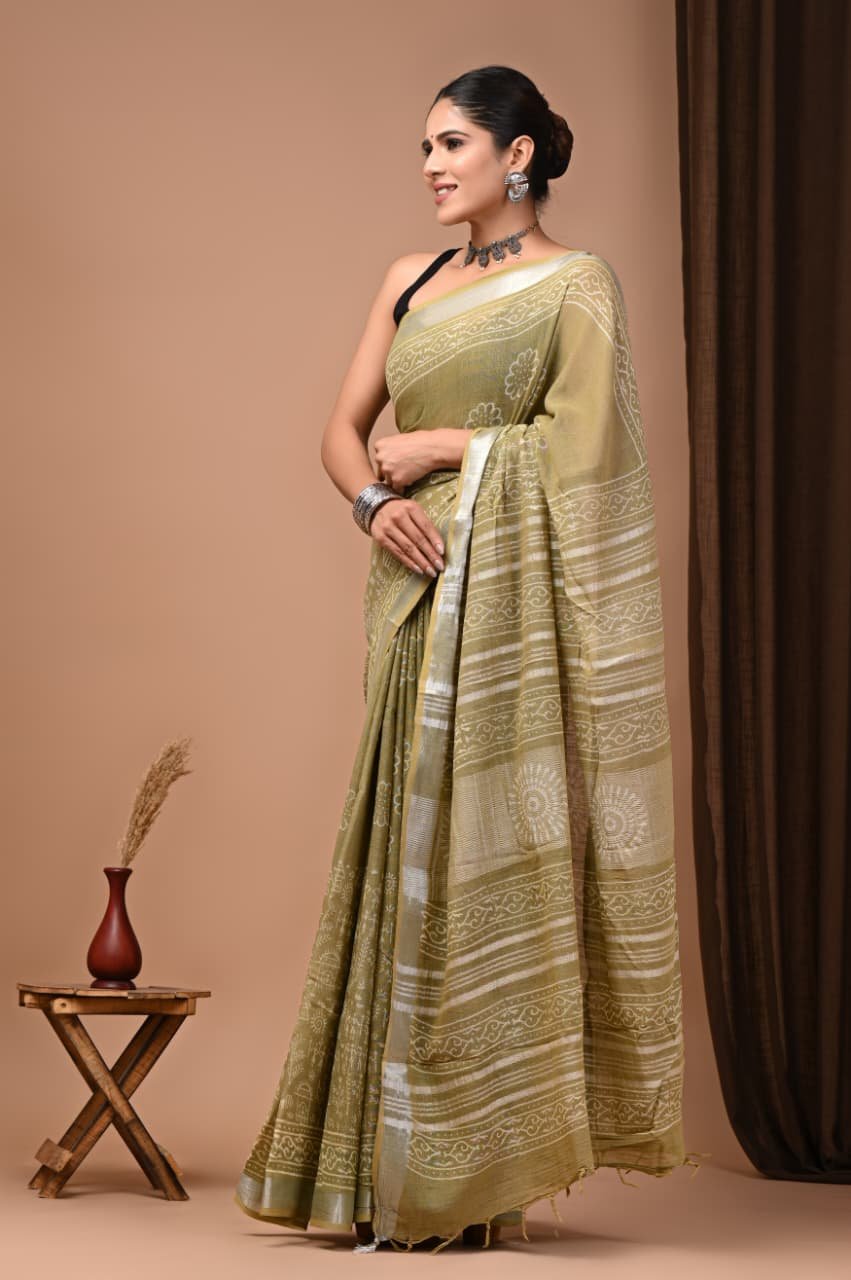 Hand Block Printed Linen Saree with Blouse