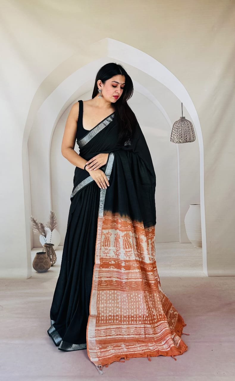 Hand Block Printed Linen Saree with Blouse