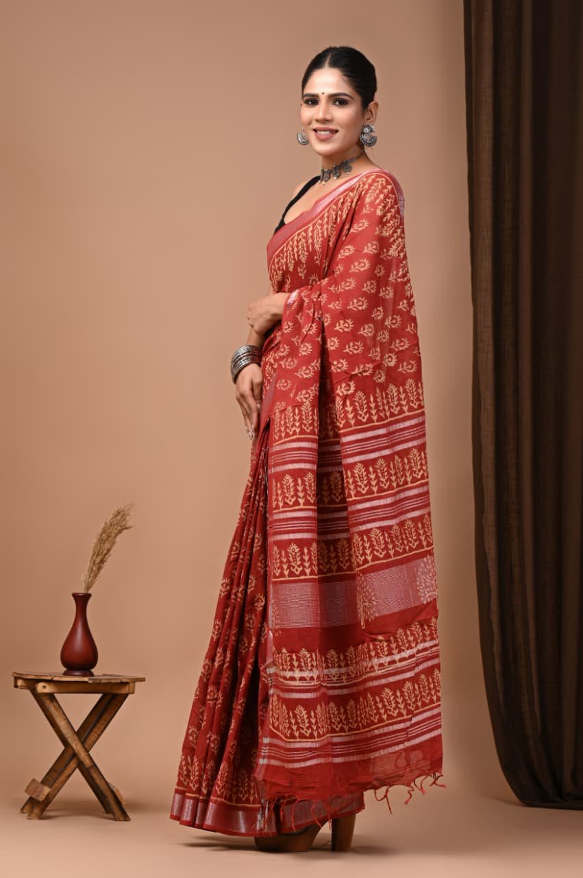 Hand Block Printed Linen Saree with Blouse