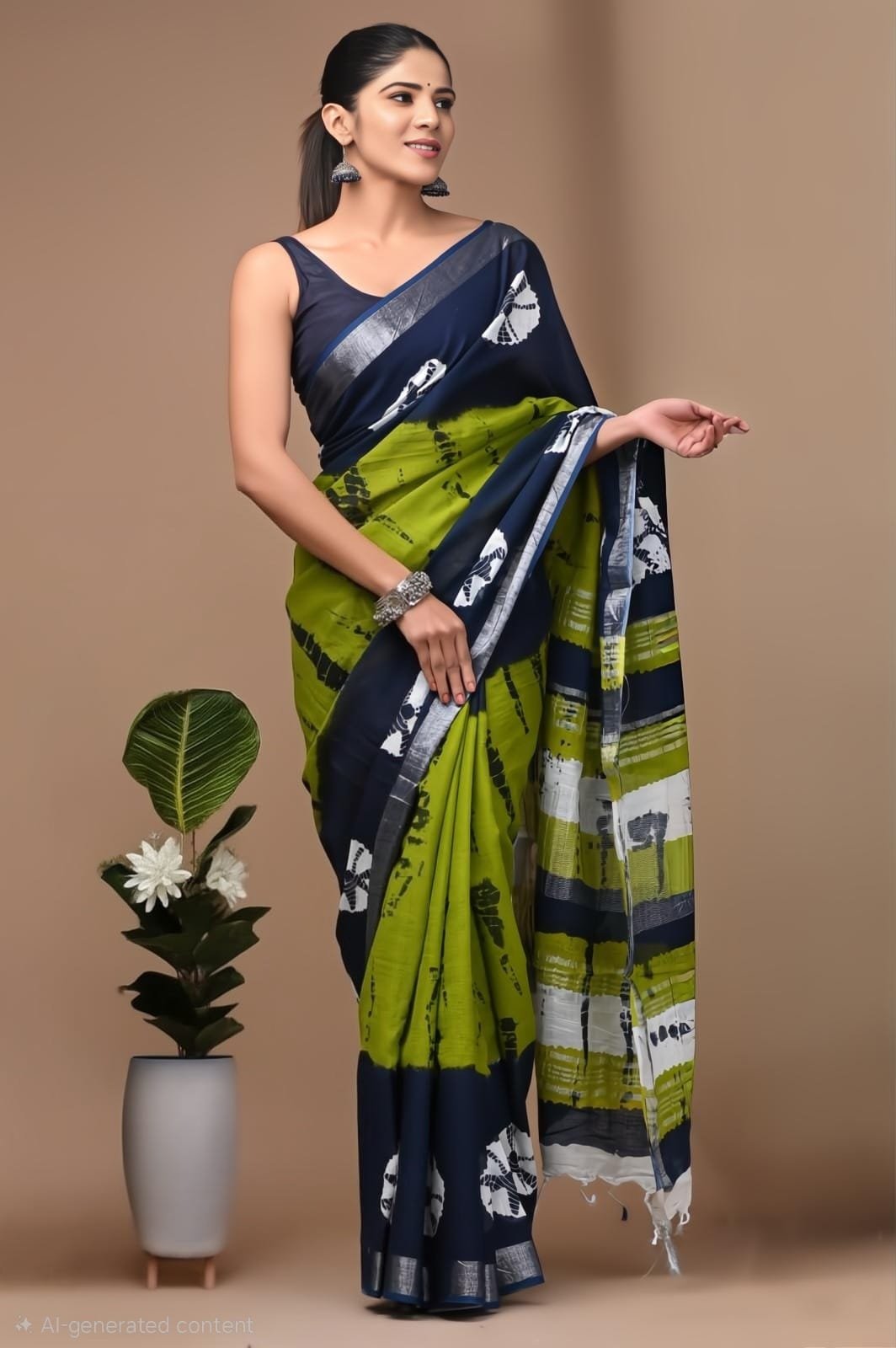 Hand Block Printed Linen Saree with Blouse