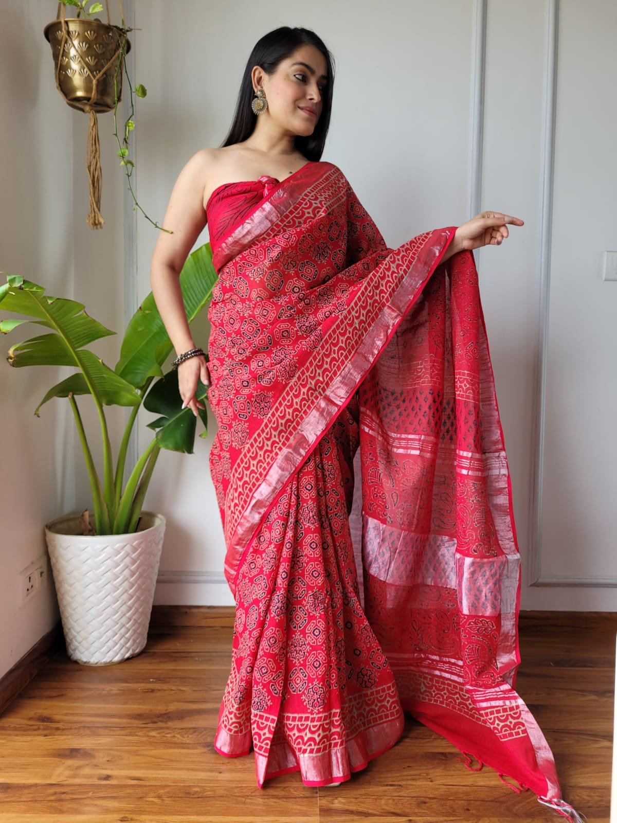 Hand Block Printed Linen Saree with Blouse
