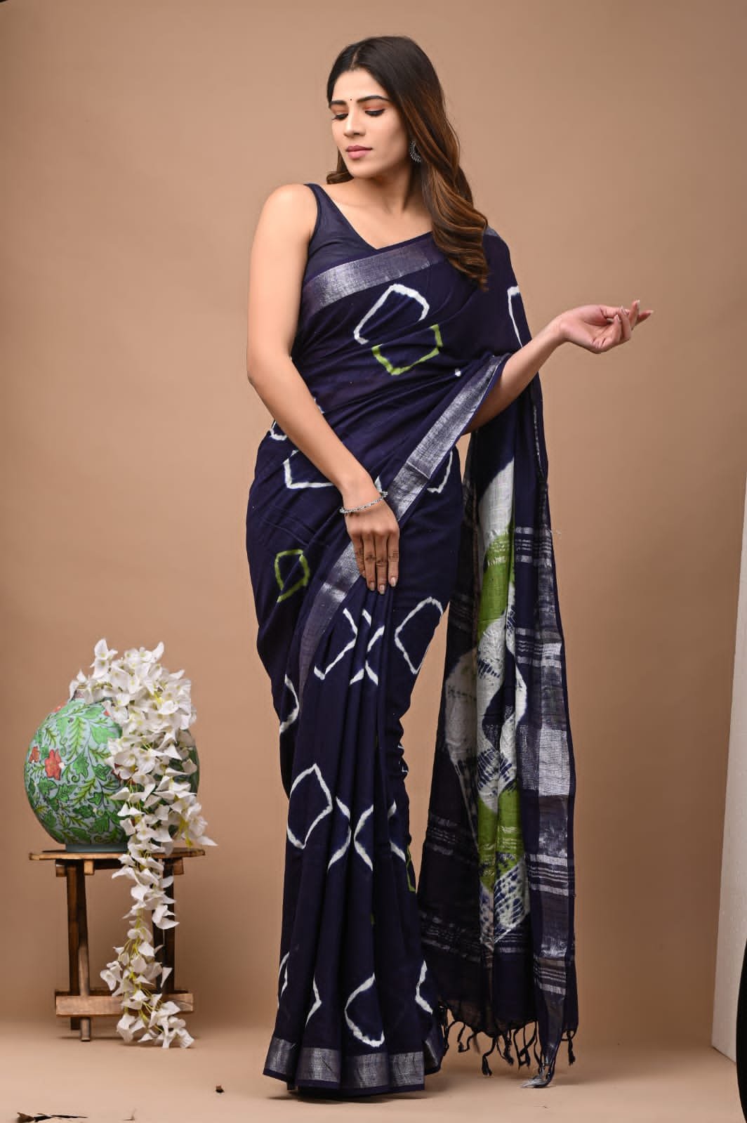 Hand Block Printed Linen Saree with Blouse