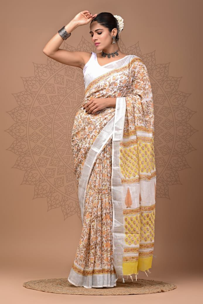 Hand Block Printed Linen Saree with Blouse