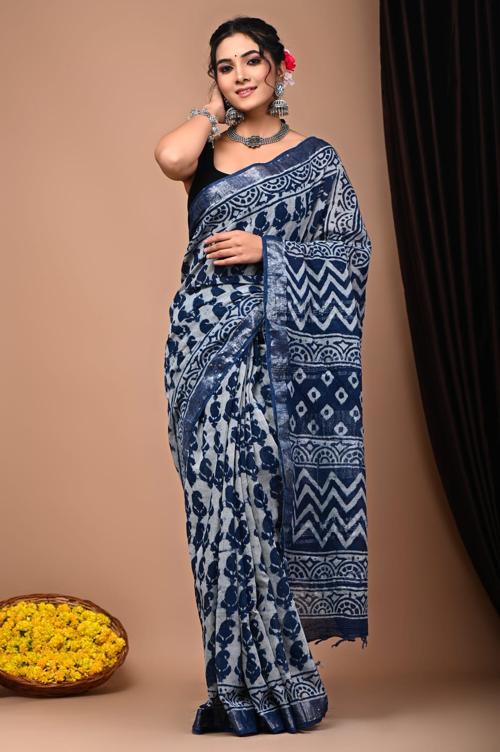 Hand Block Printed Linen Saree with Blouse