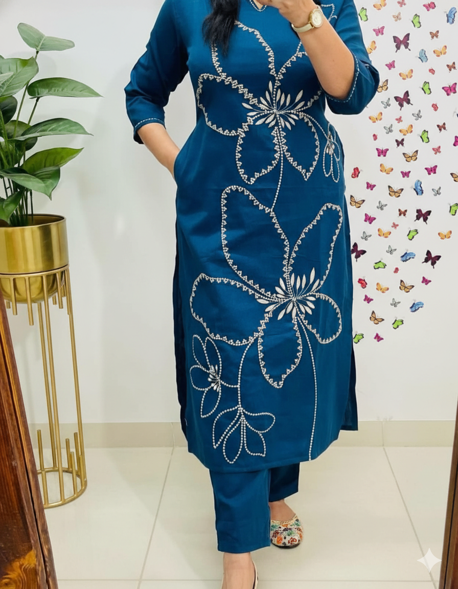 Blue  Heavy Cotton 60x60 Embroidered Kurti Pant Set