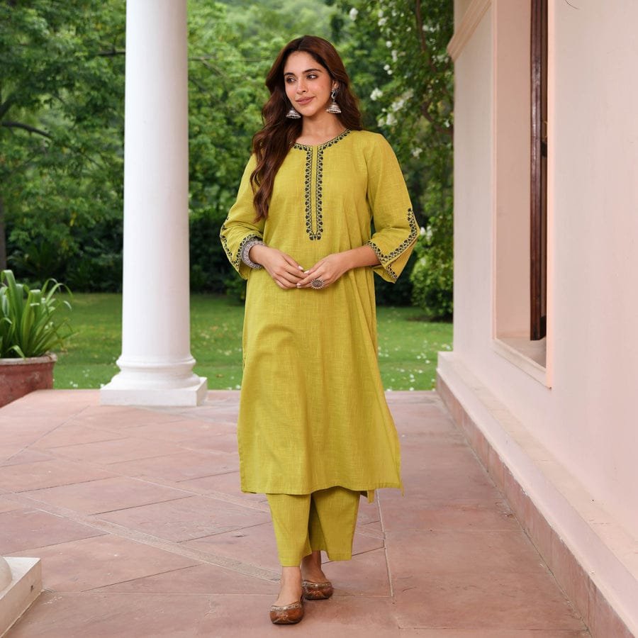 Cotton Slub Thread Work Kurti Palazzo Set