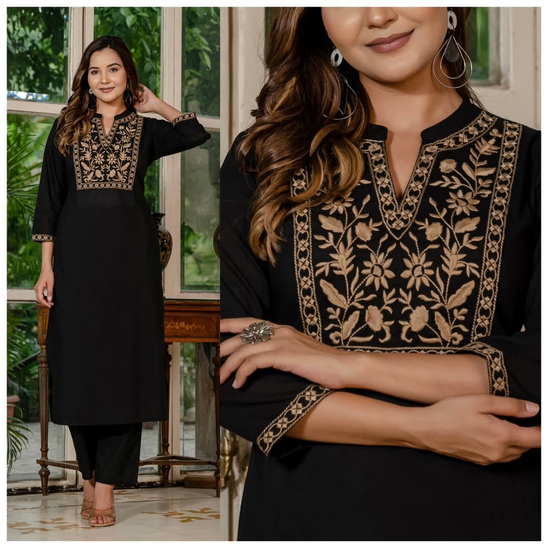 Cotton Thread Embroidered Kurti Palazzo Set