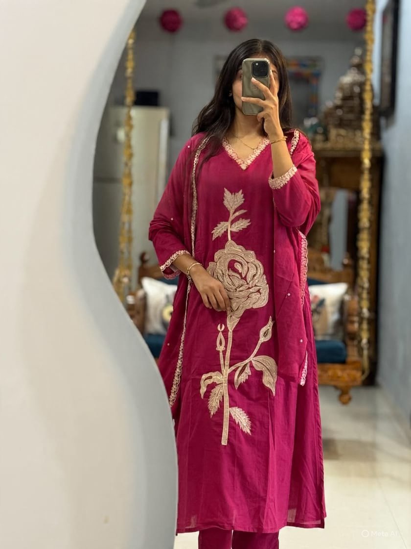 Pure Mul Cotton Floral Embroidered Pant Set