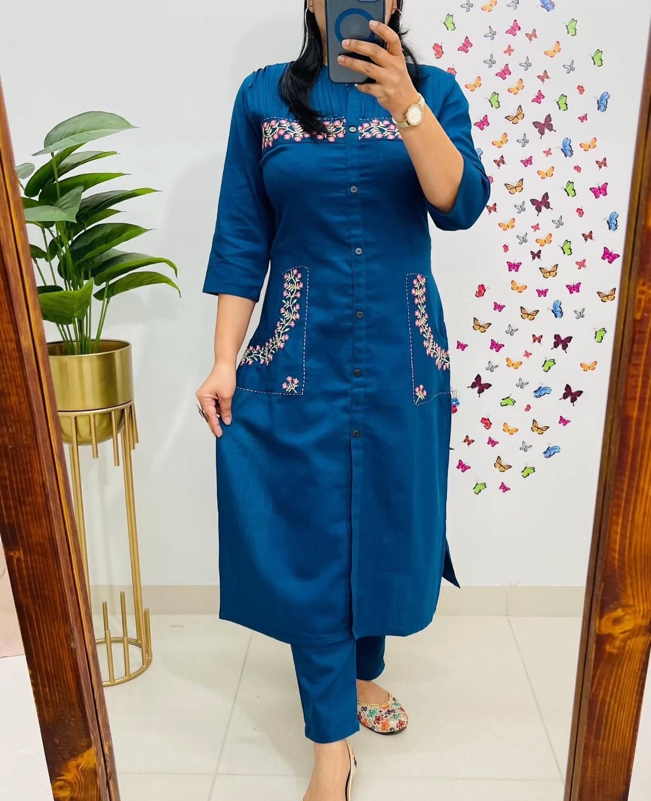 Cotton Embroidered Kurti with Two-Pocket Pant Set
