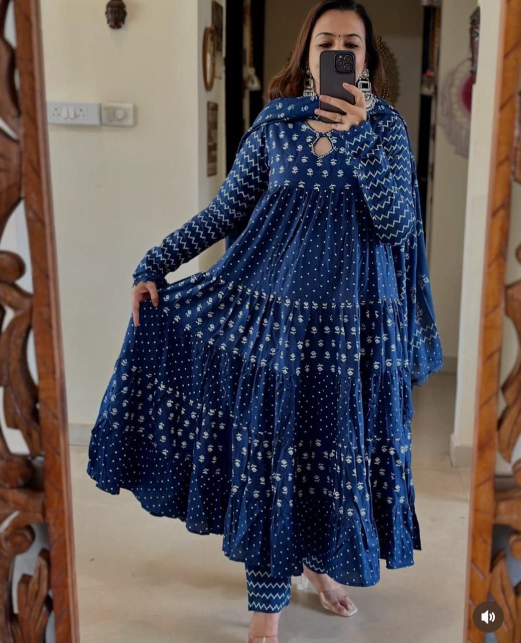 Indigo Blue Cotton Anarkali Suit with Dupatta
