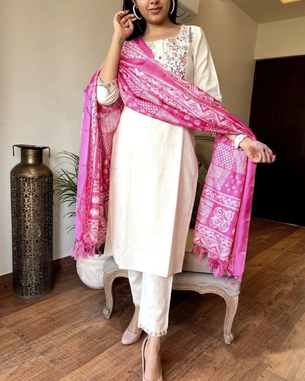 Handloom Khadi Cotton Embroidered Suit with Silk Dupatta