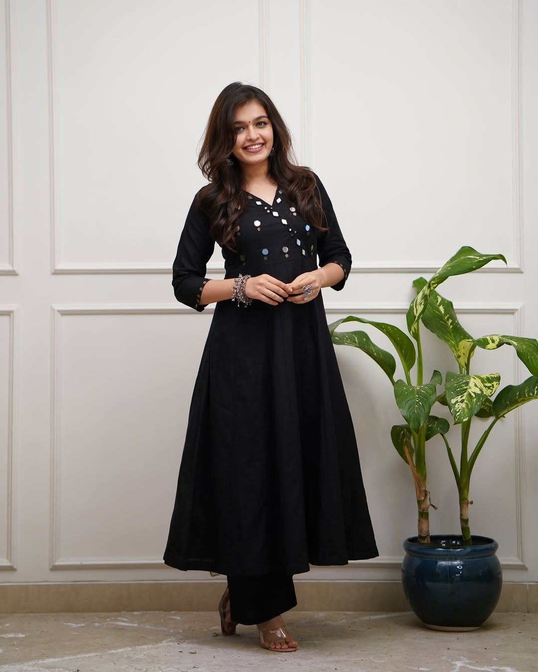 Black Cotton Kurti Pant Set with Mirror Work Detailing