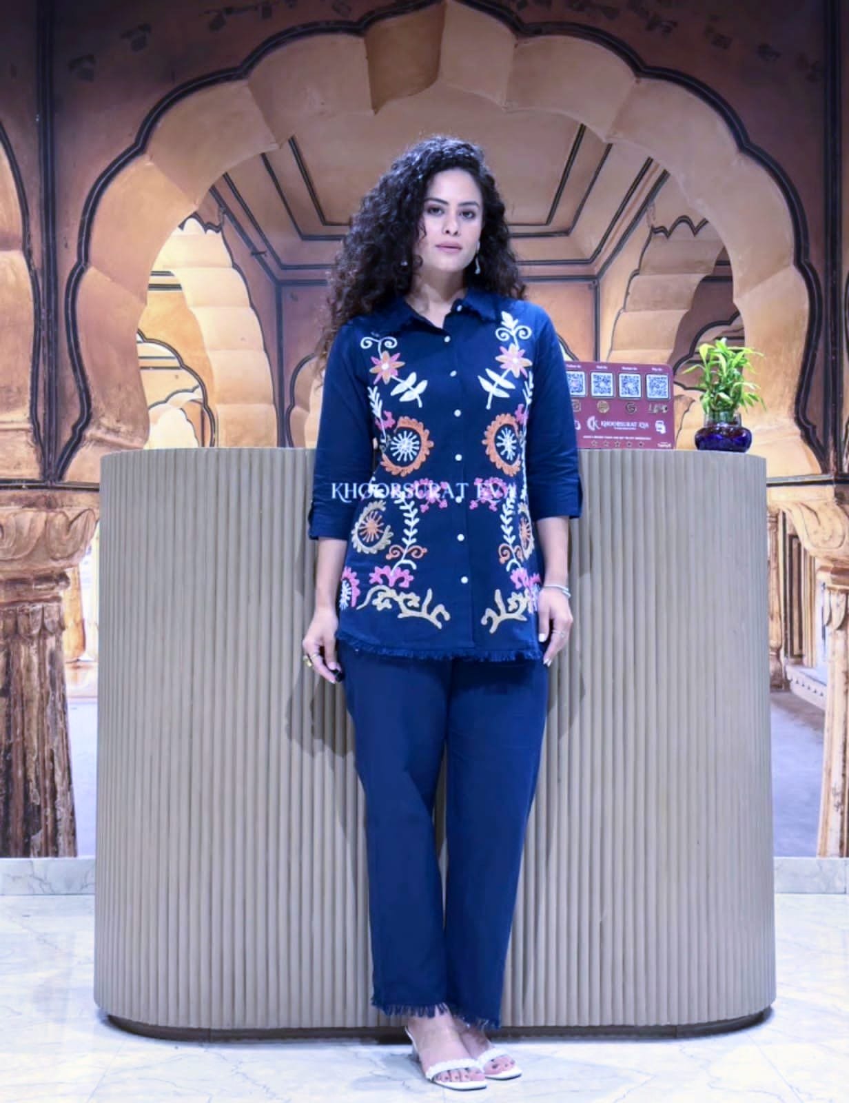 Blue Flex Coord Set with Embroidery and Lace Work