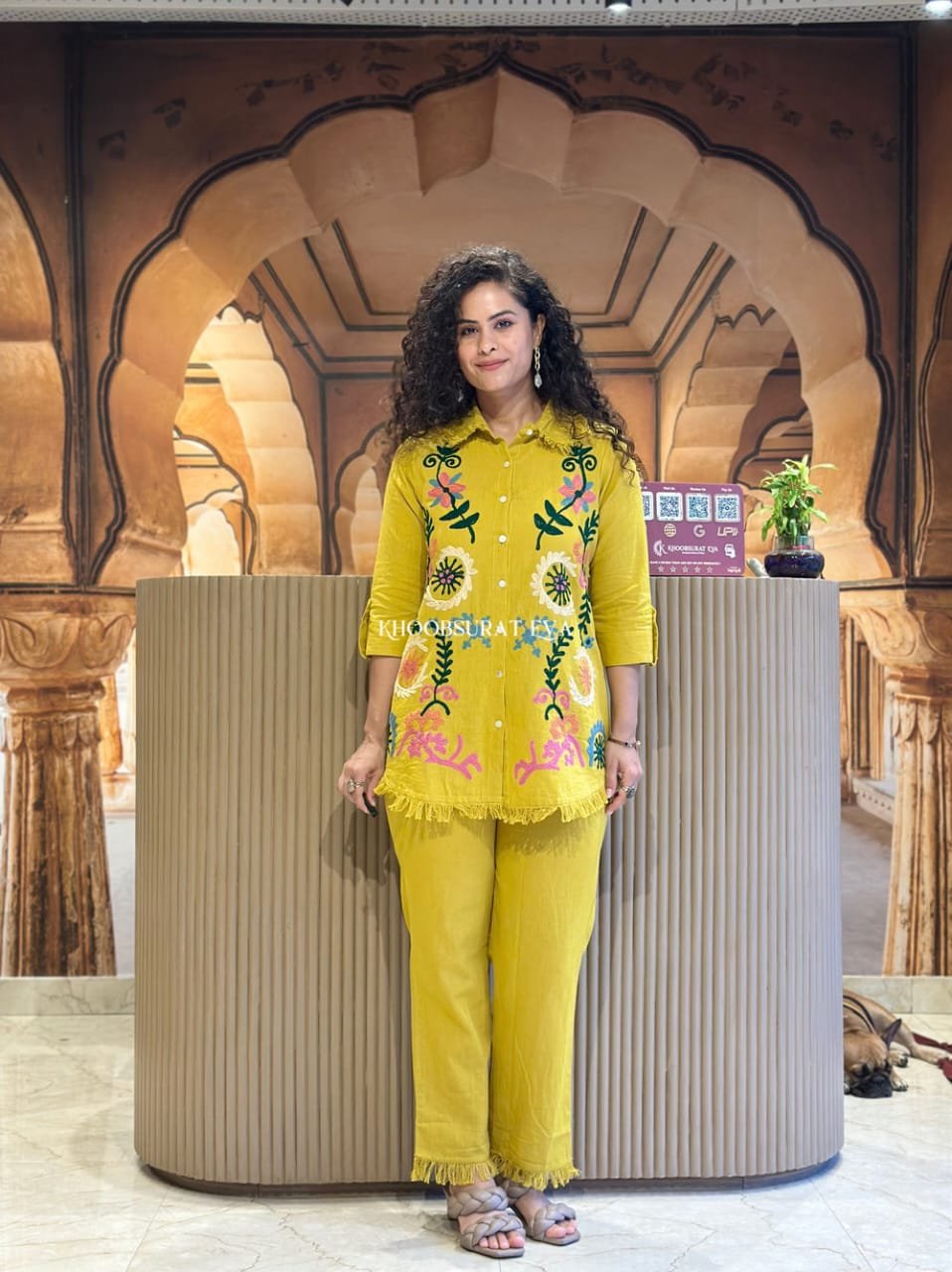 Yellow Flex Coord Set with Embroidery and Lace Work