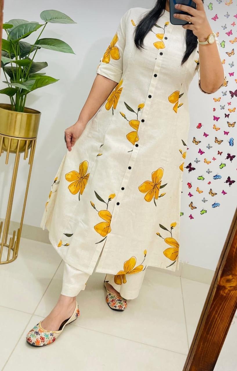 Yellow Cotton Kurti Pant Set with Printed Design & Pocket