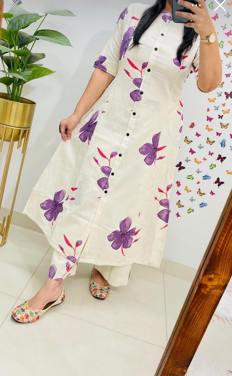 Purple Cotton Kurti Pant Set with Printed Design & Pocket