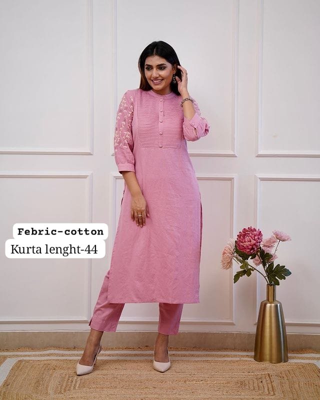 Pink Kurti Pant Set with Embroidery & Pintex Detailing