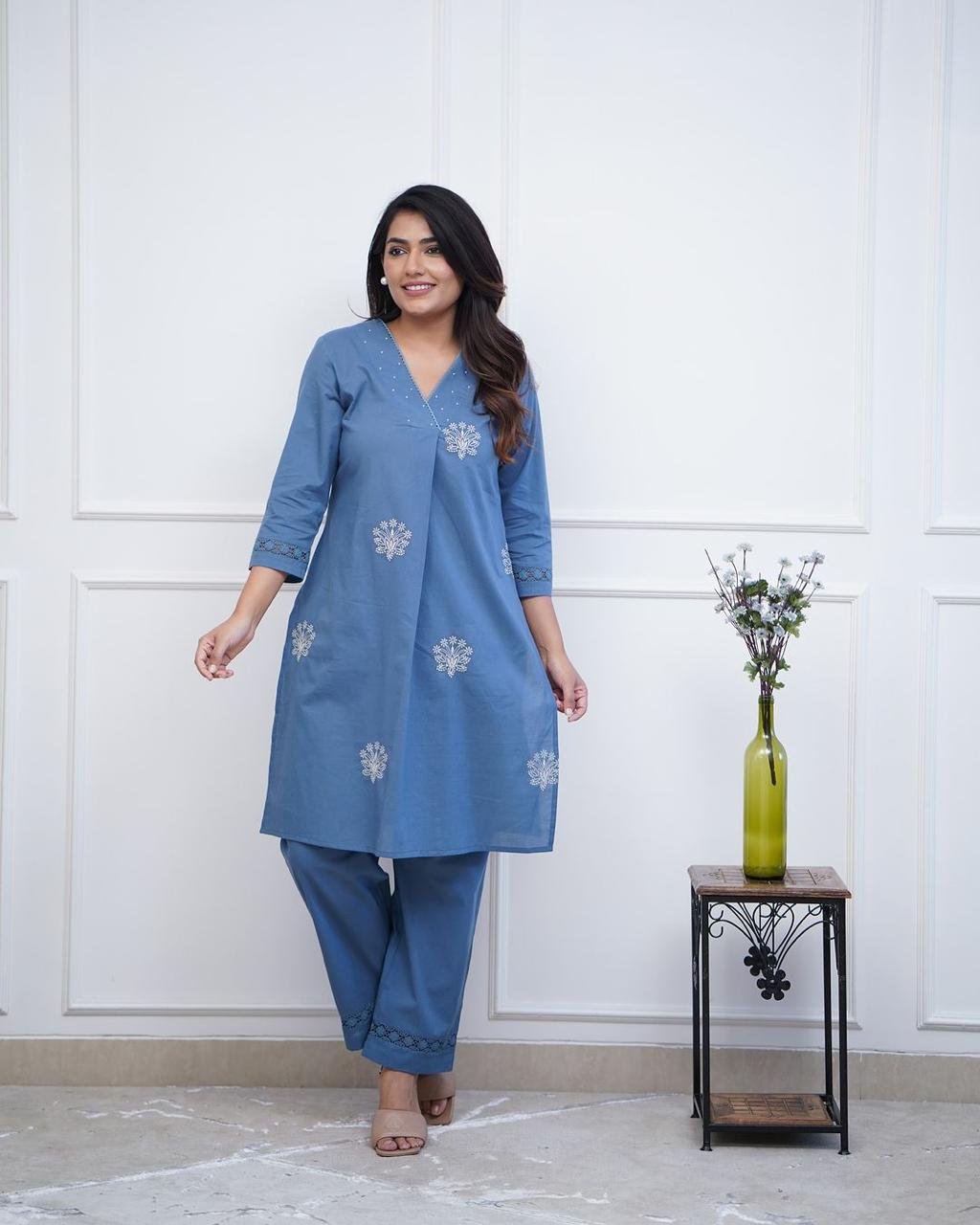 Blue Cotton Embroidered Office Wear Kurti Set