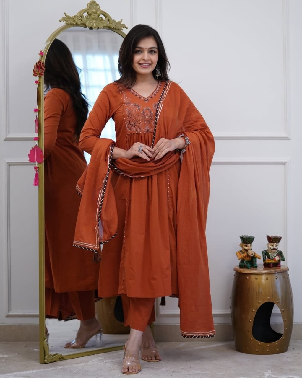 Orange Natra Cut Embroidered Kurta Set