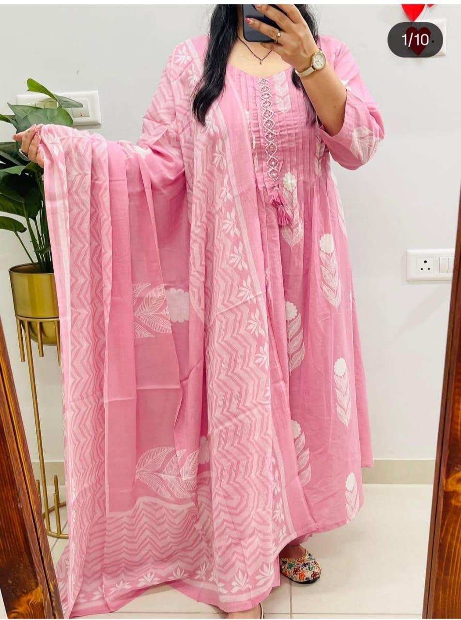 Pink Cotton Embroidered Kurti Suit Set with Dupatta