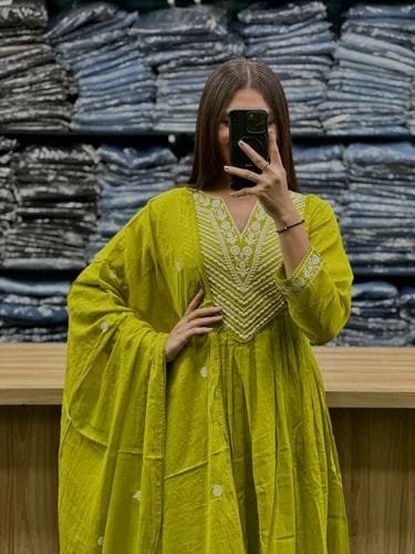 Yellow Cotton Embroidered Anarkali Suit Set with Dupatta