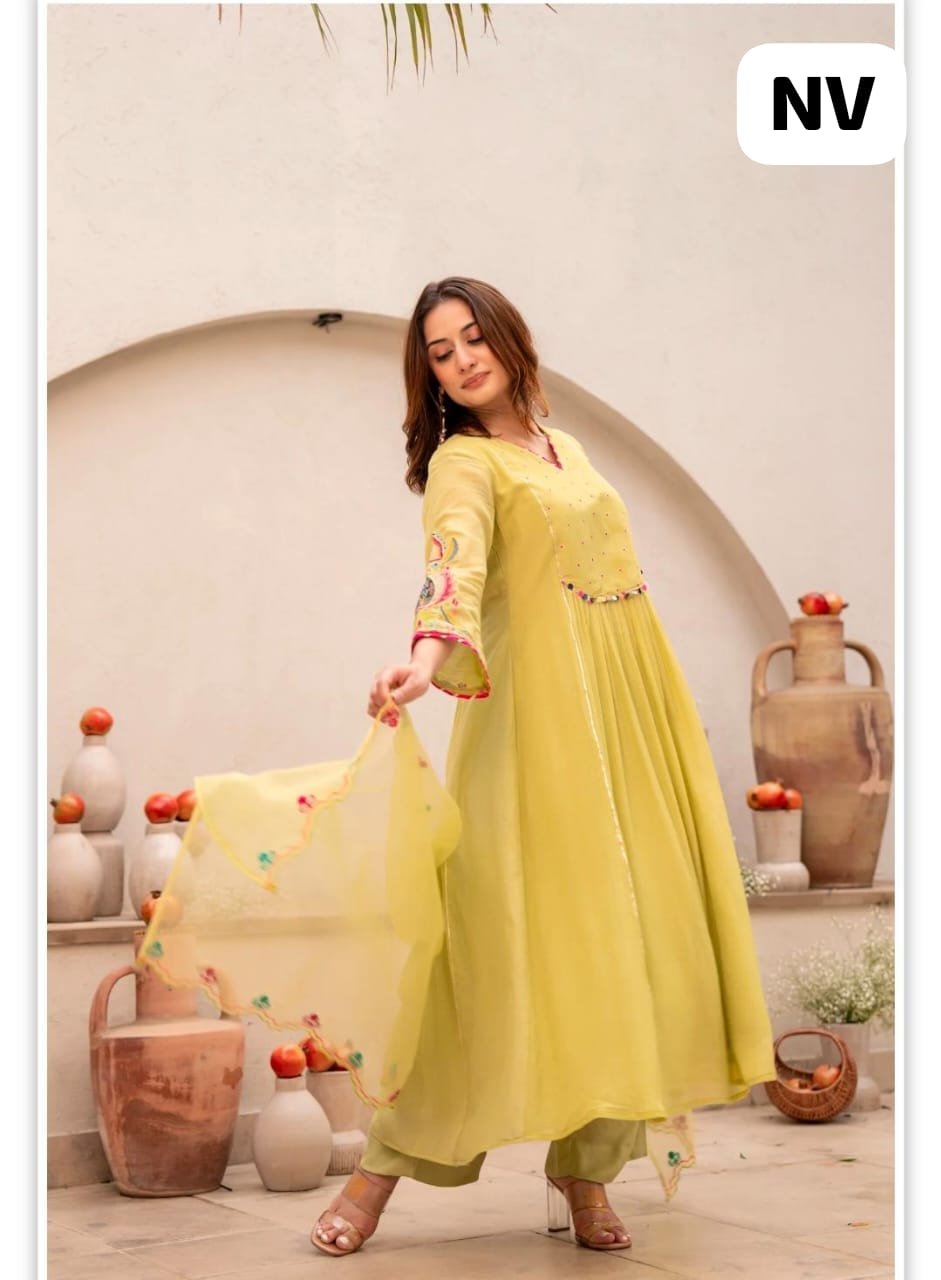 Yellow Embroidered Cotton Kurti Pant Chanderi Dupatta Set