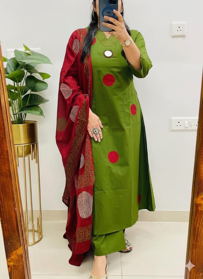 Green Cotton Handblock Kurti Pant Dupatta Set