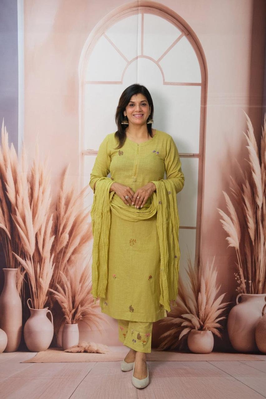Green Cotton Khadi Kantha Work Suit Set