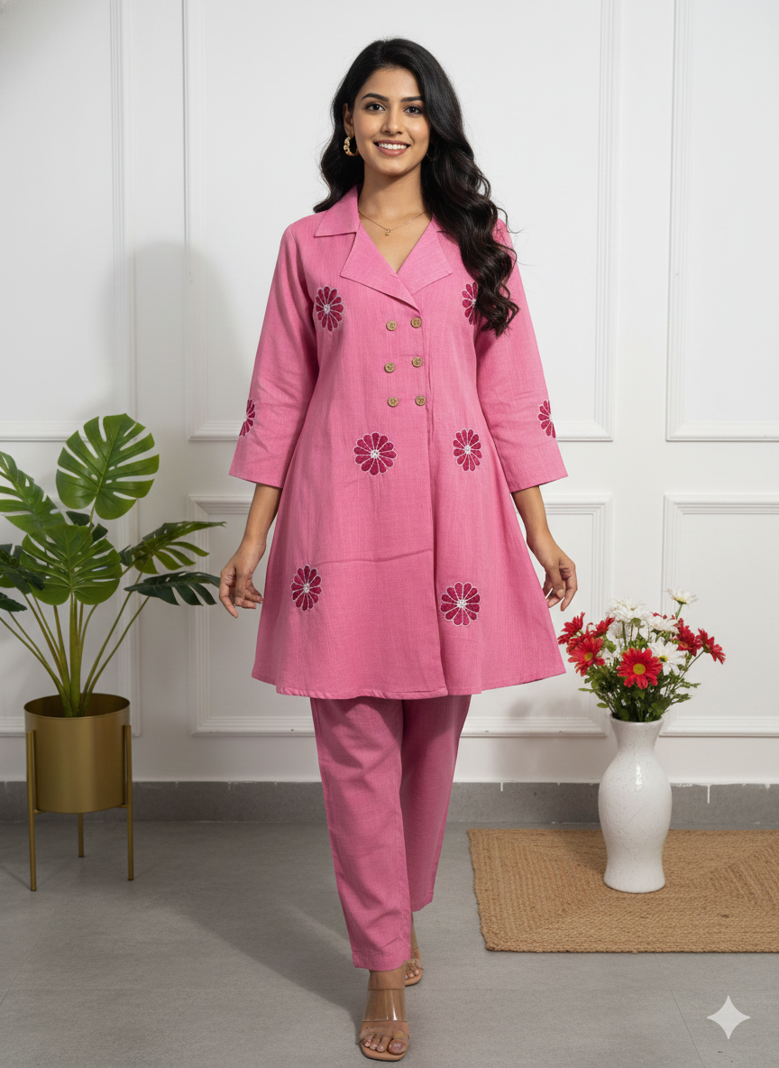 Pink Cotton Slub Angrakha Embroidered Co-Ord Set