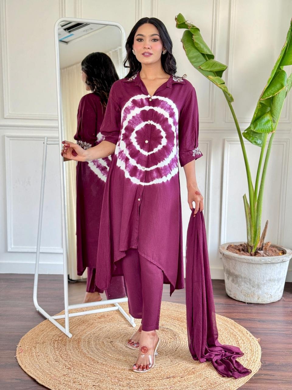 Maroon Rayon Cord Set with Chiffon Dupatta