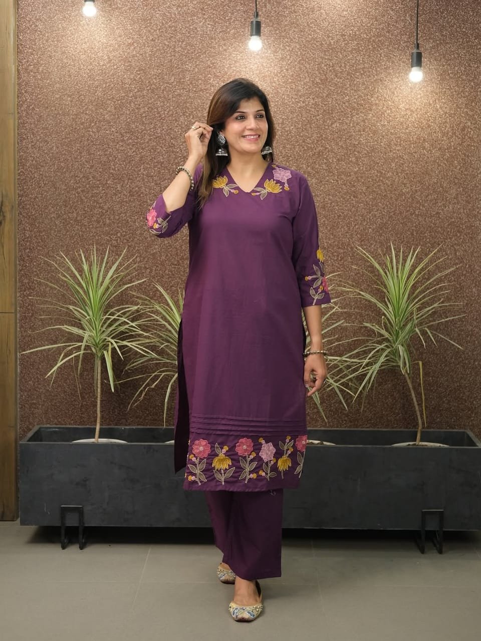 Purple Cotton Embroidered Kurta Pant Set