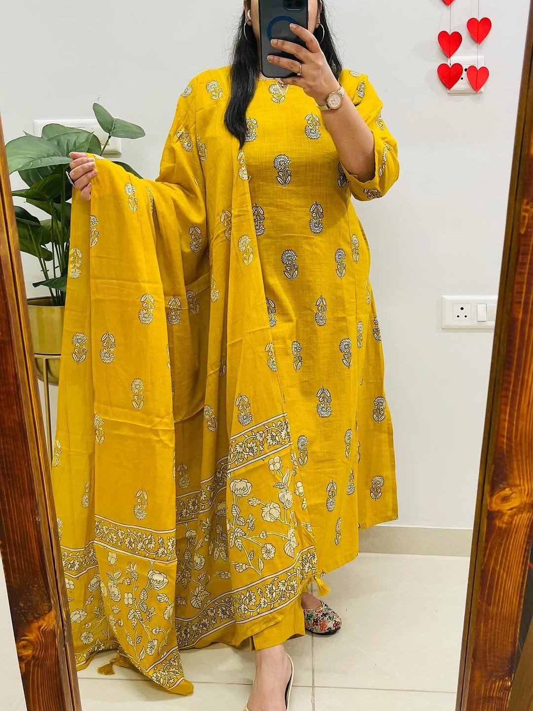 Yellow Pure Cotton Kurti Pant Dupatta Set