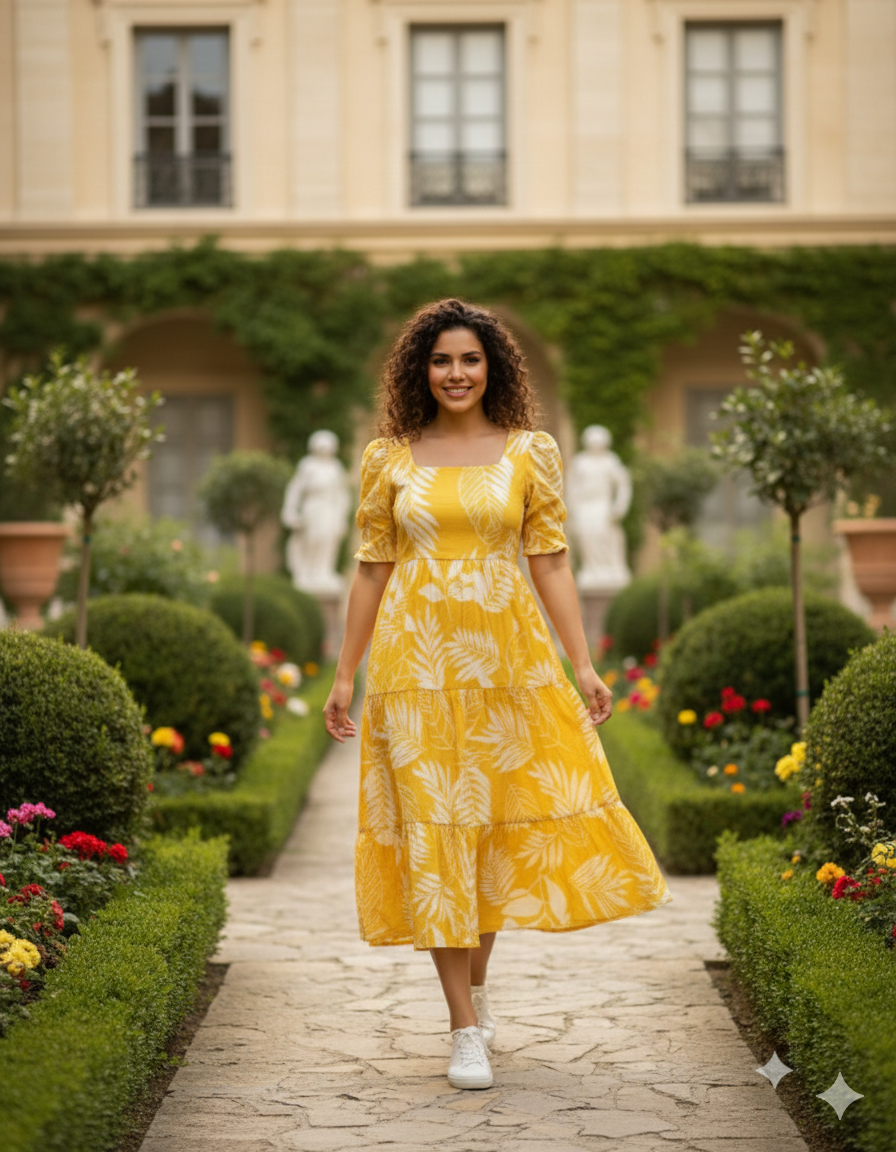 Orange Printed Cotton Midi Gown Dress