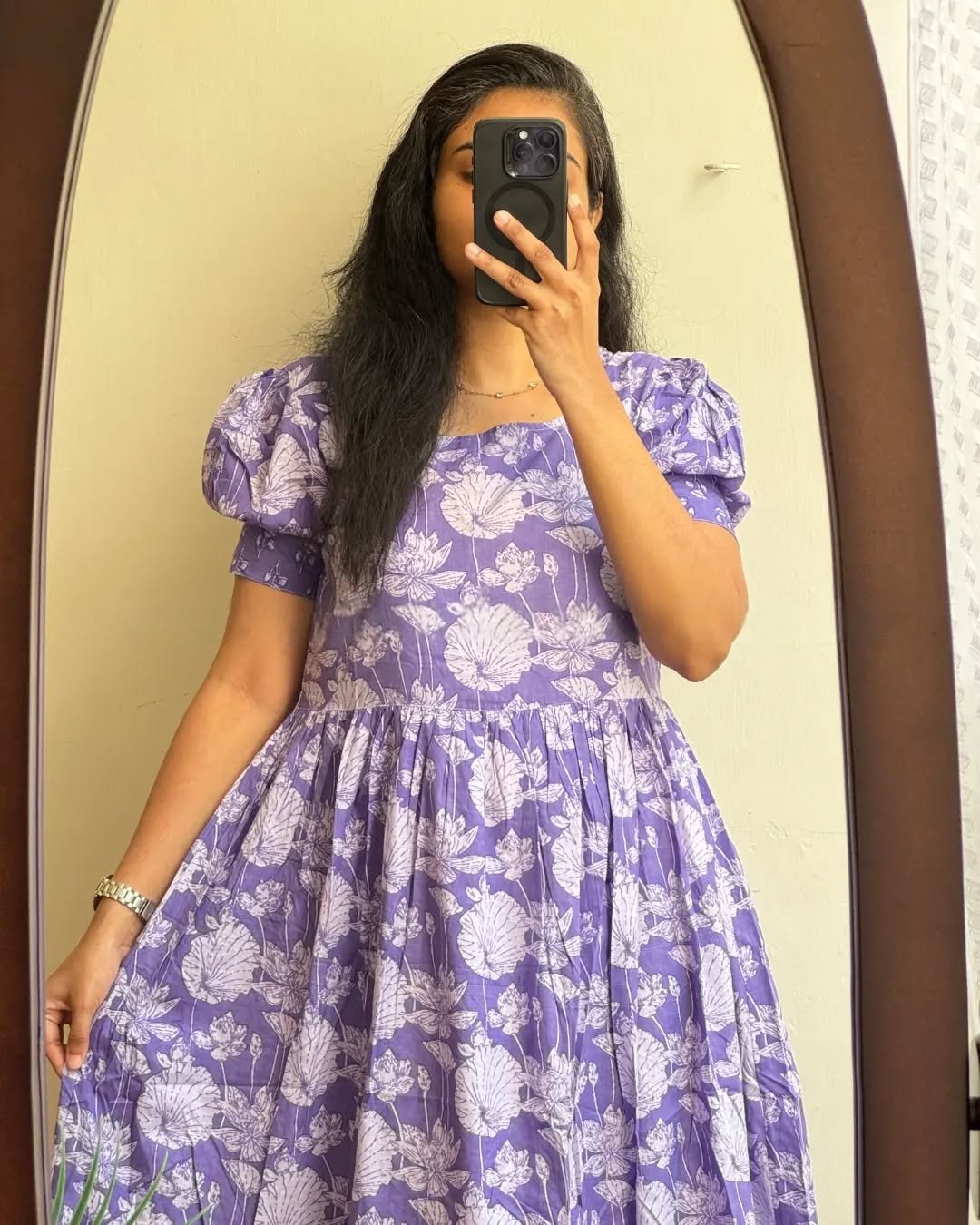 Purple  Printed Cotton Midi Gown Dress