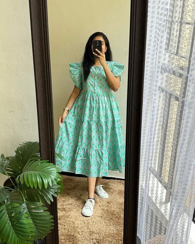 Green Printed Cotton Midi Gown Dress