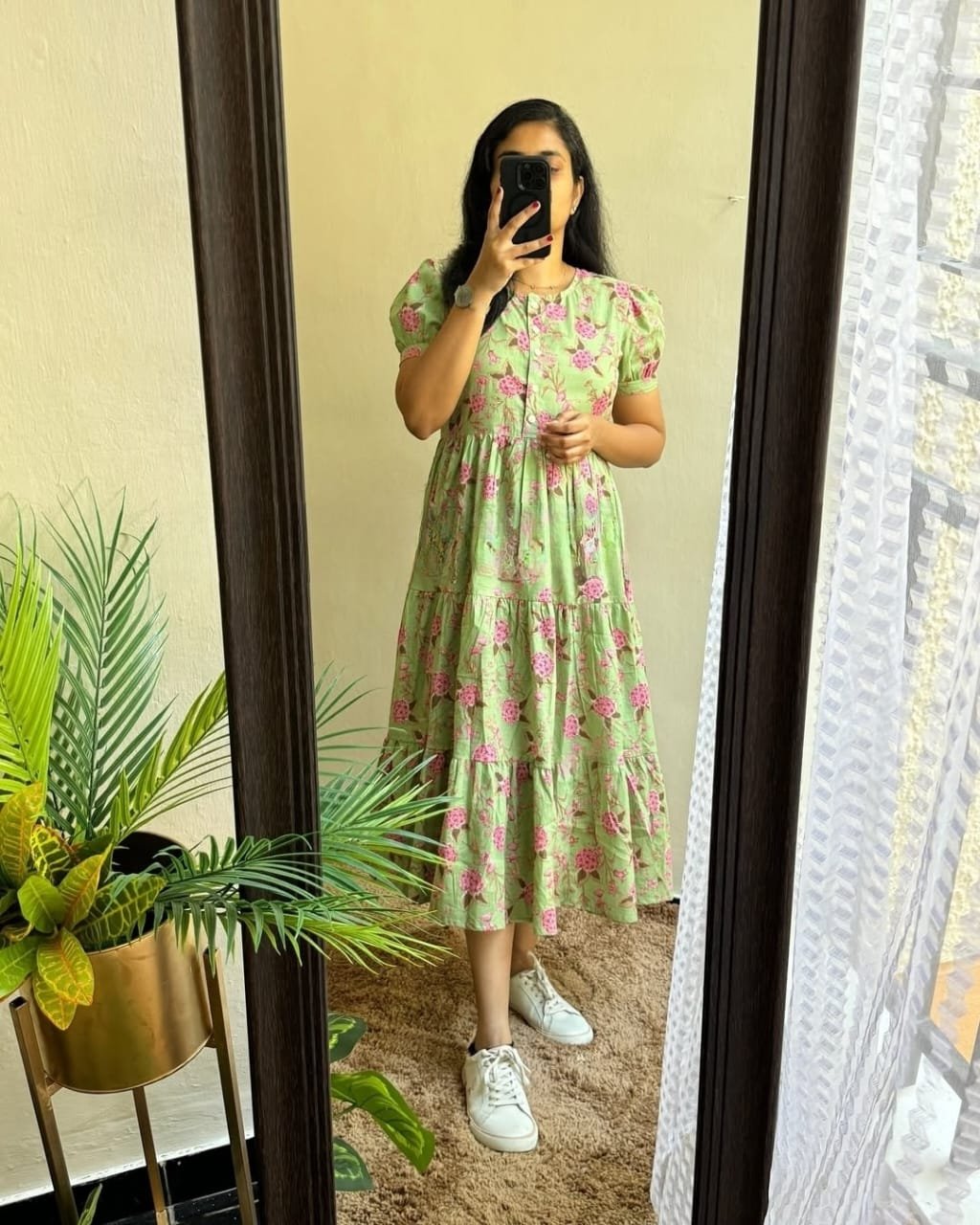 Green Printed Cotton Midi Gown Dress