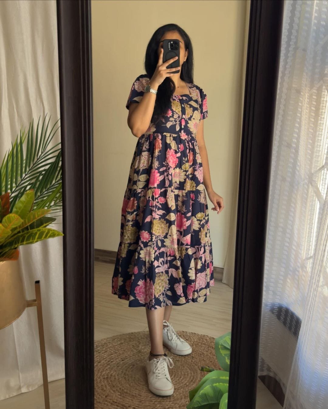 Blue Printed Cotton Midi Gown Dress