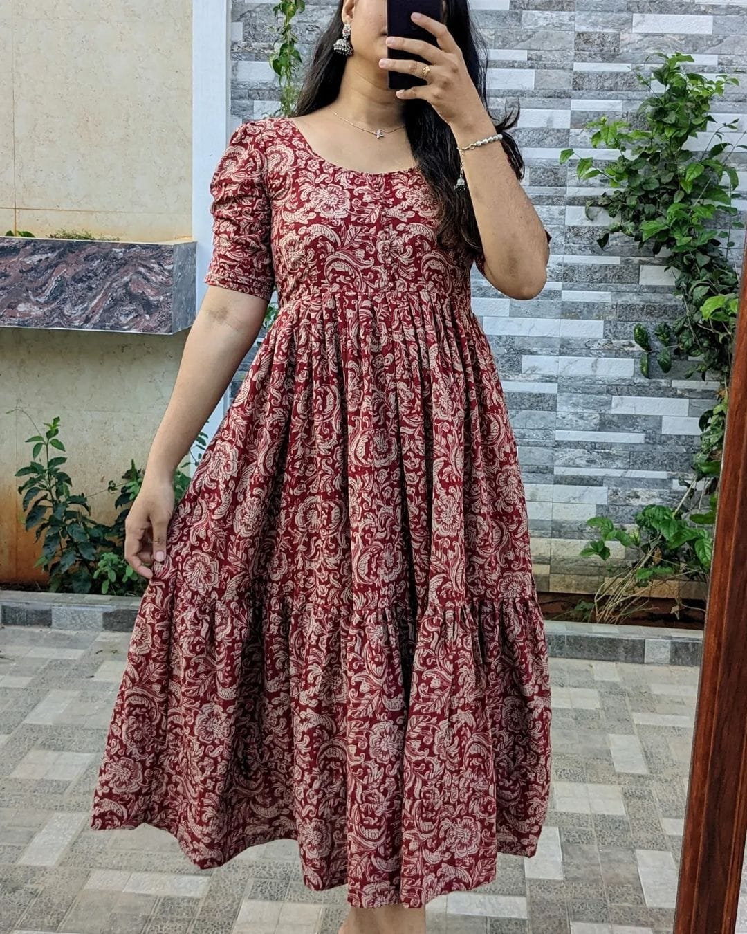 Maroon Printed Cotton Midi Gown Dress