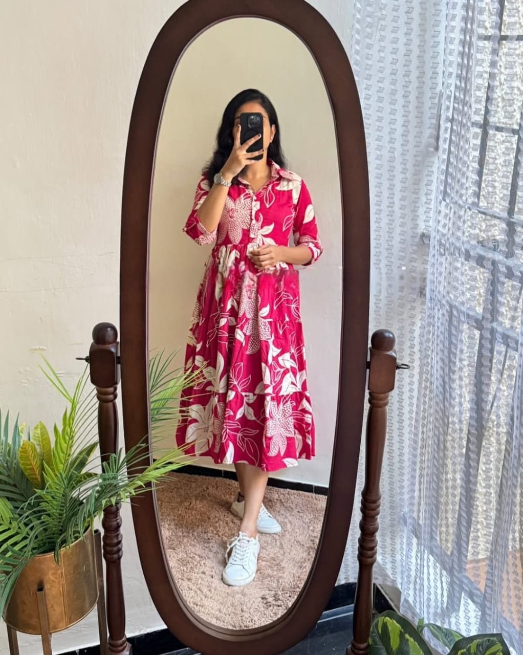 Pink Printed Cotton Midi Gown Dress