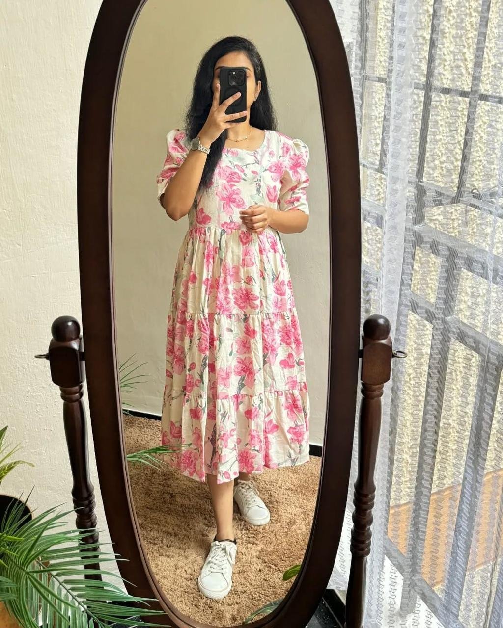 Pink Printed Cotton Midi Gown Dress