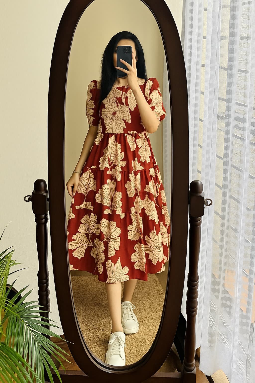 Maroon Printed Cotton Midi Gown Dress