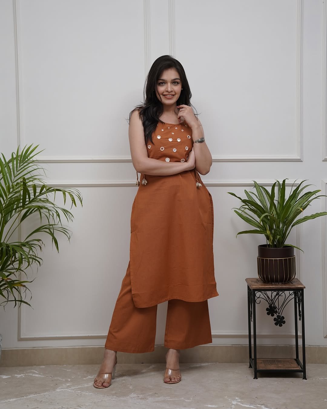 Orange Summer Cotton Slub Kurta Pant Set