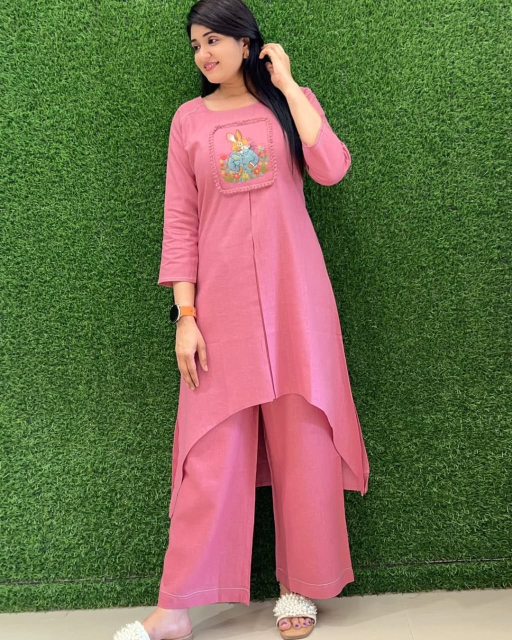 Pink Cotton Slub Embroidered Tunic Set