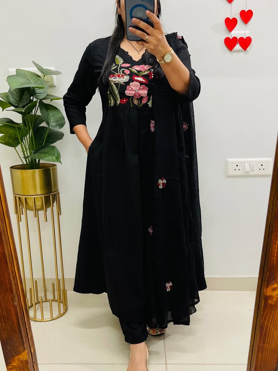 Black Anarkali Cotton Embroidered Suit Set