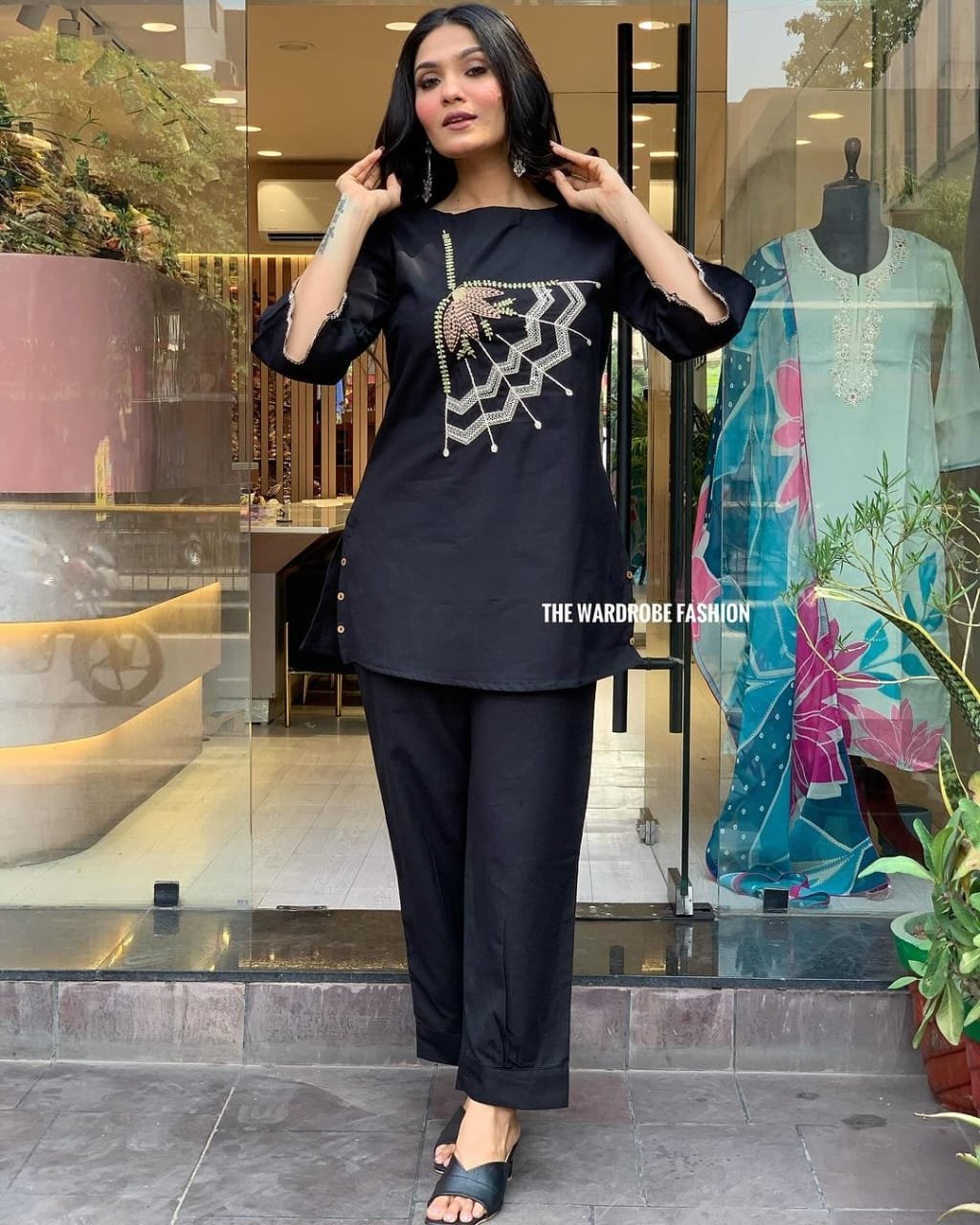 Black Cotton Flex Embroidered Co-Ord Set