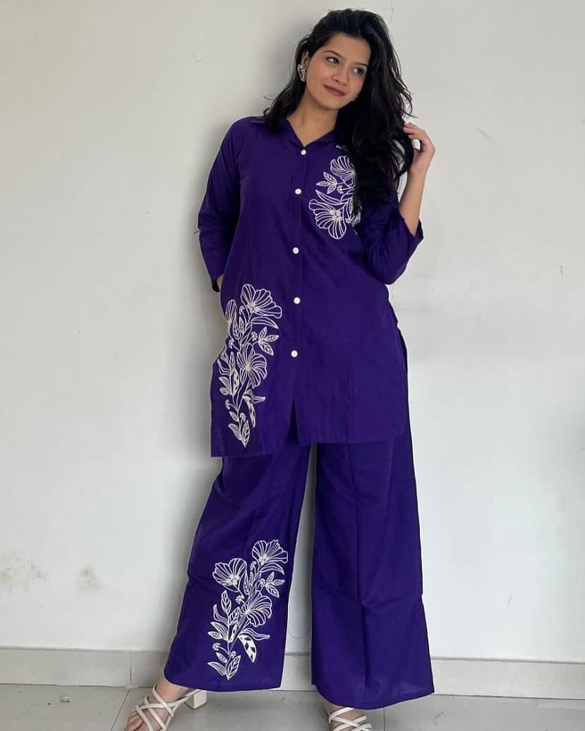 Blue Embroidered Cotton Co-Ord Set