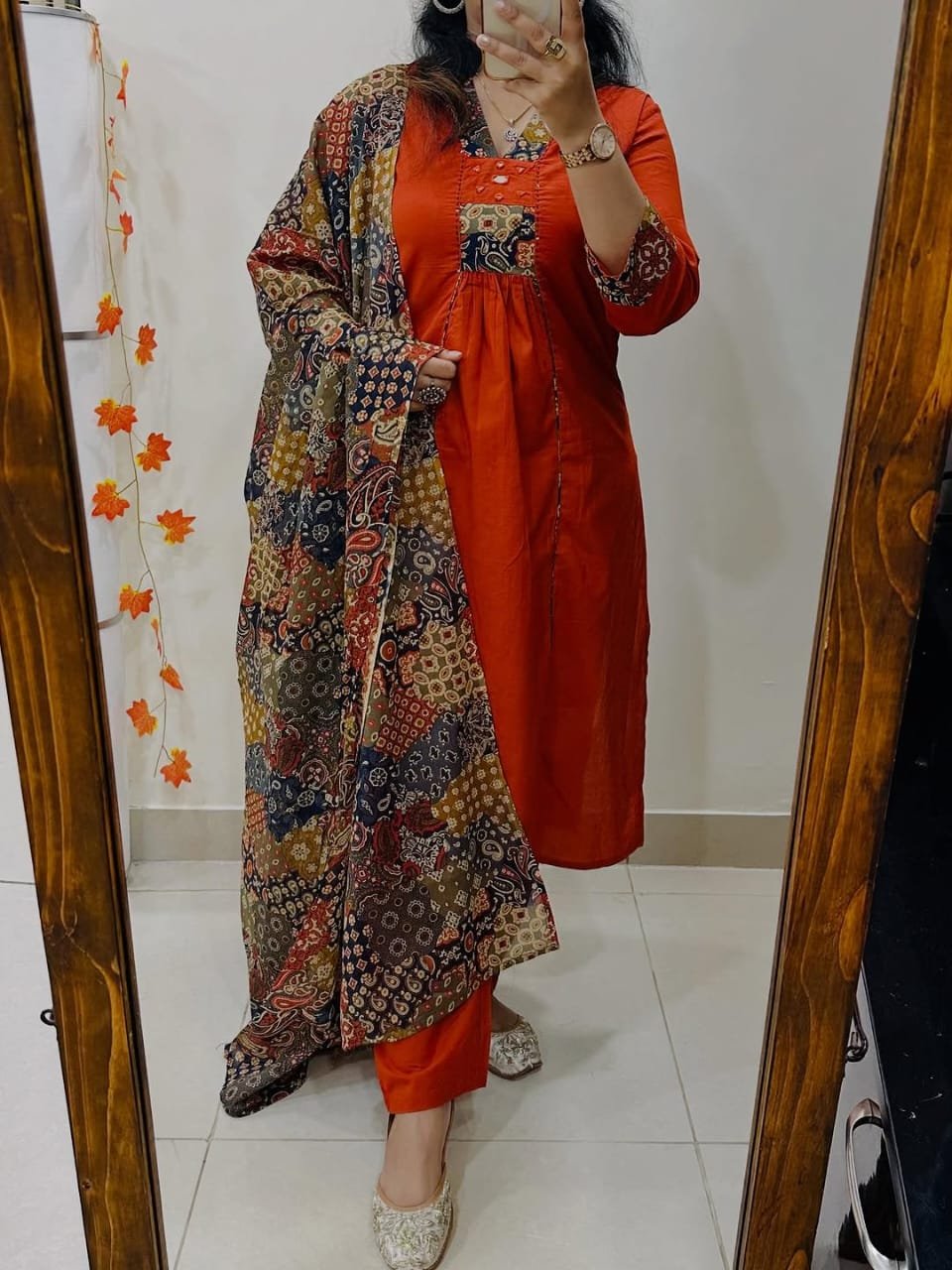 Mirror Work Cotton Suit with Kalamkari Dupatta