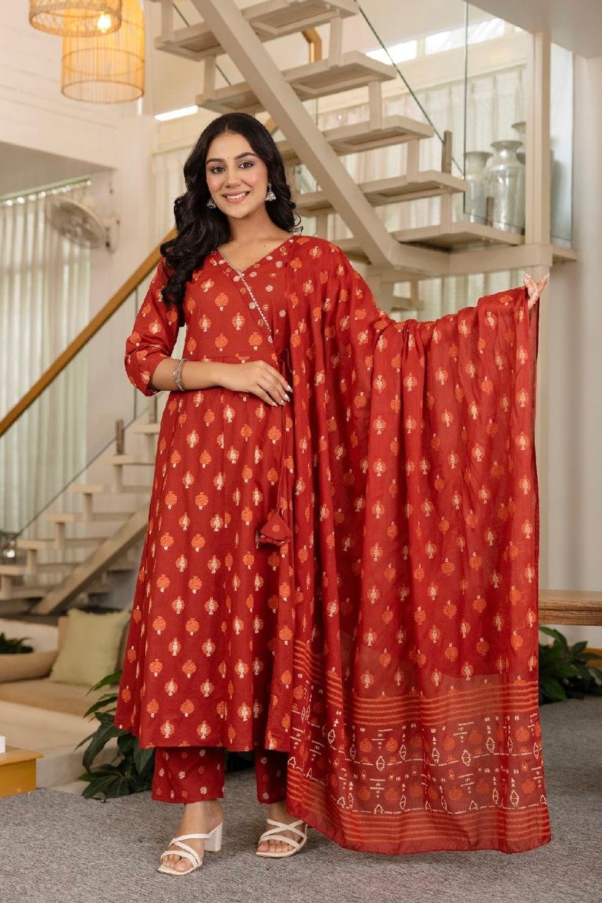 Embroidered Angrakha Anarkali Cotton Suit Set