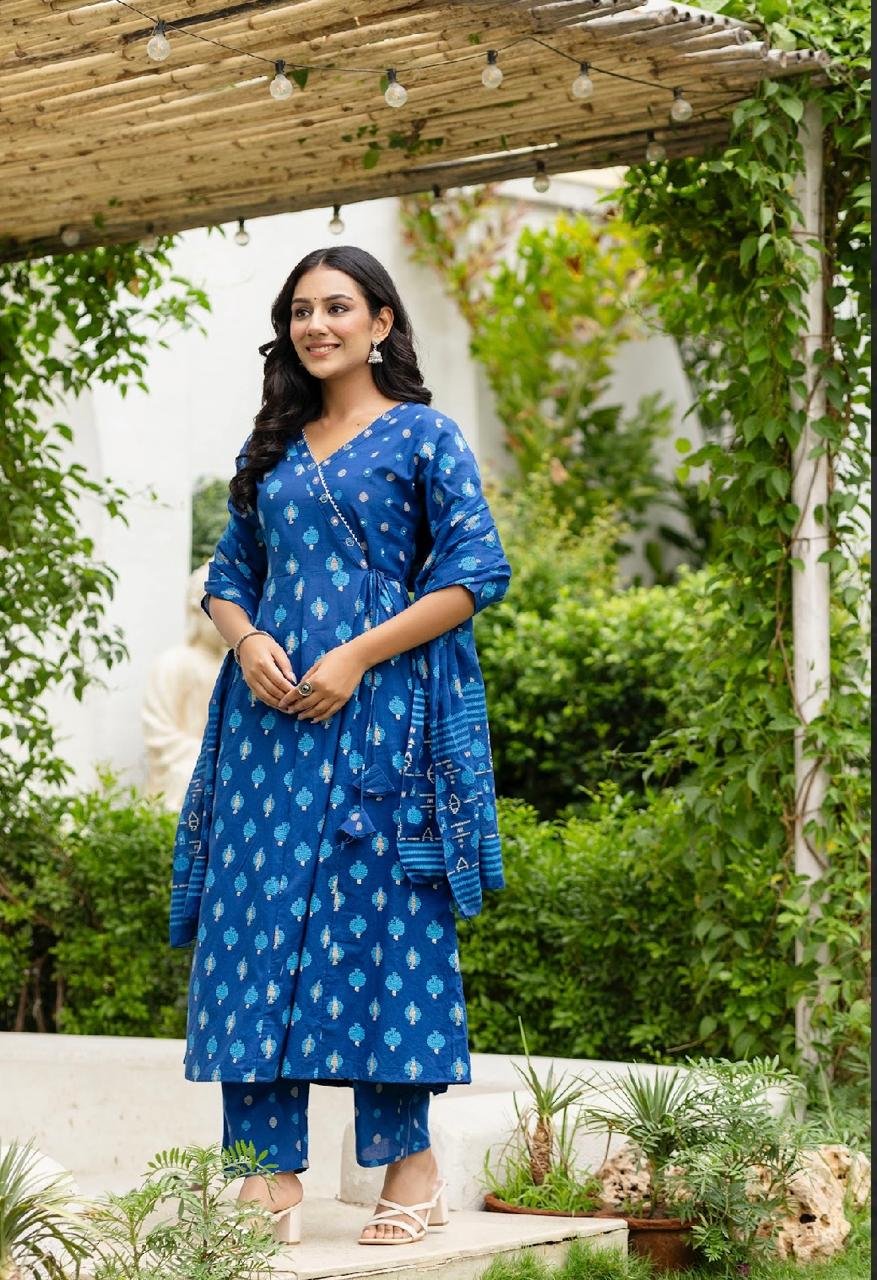 Embroidered Angrakha Anarkali Cotton Suit Set