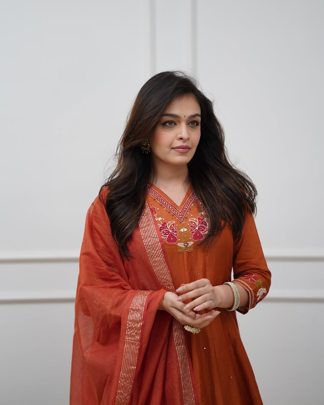 Orange Cotton Anarkali Suit Set with Mirror Work